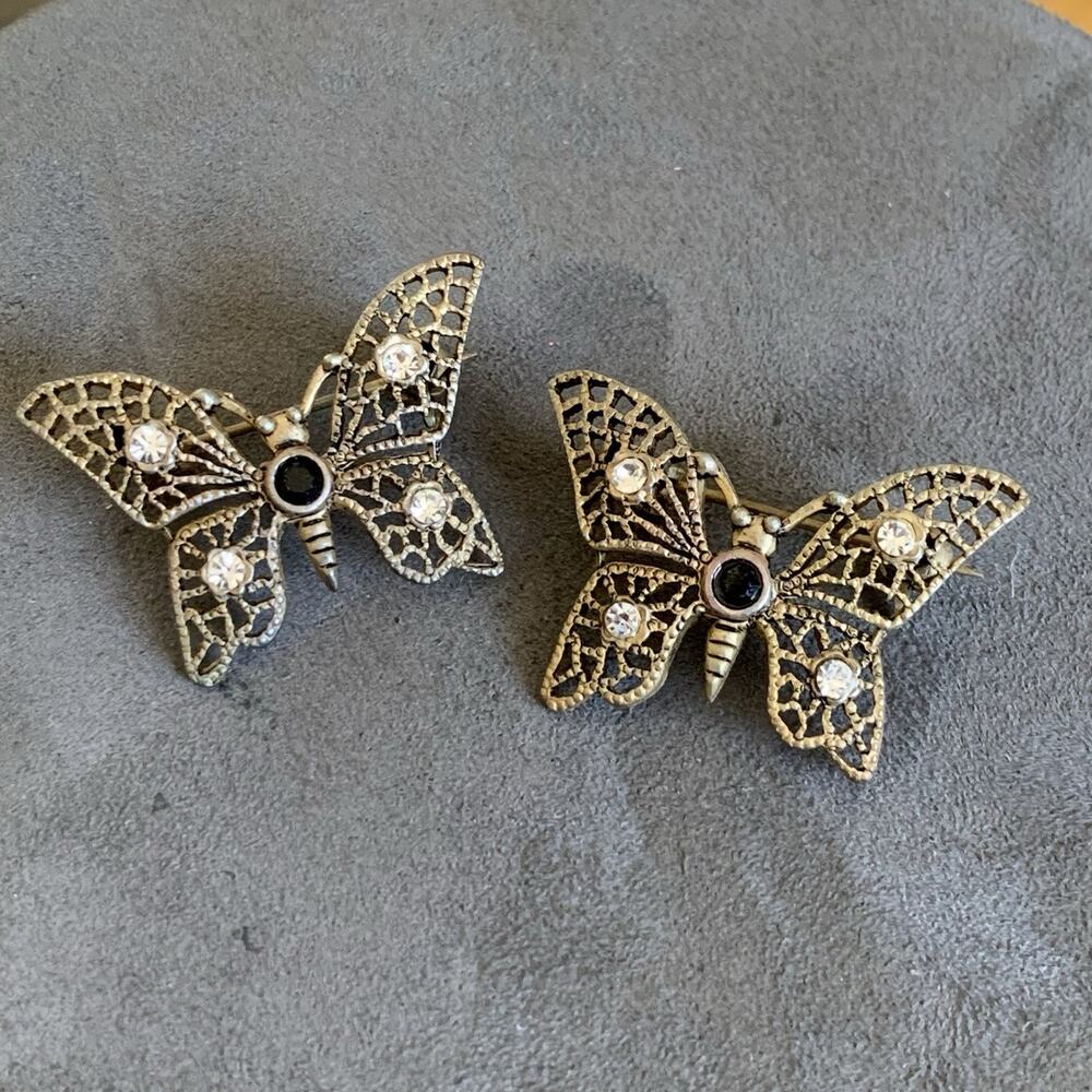 Vintage Moth Brooch Milgrain Cast Rhinestones Lot Of 2